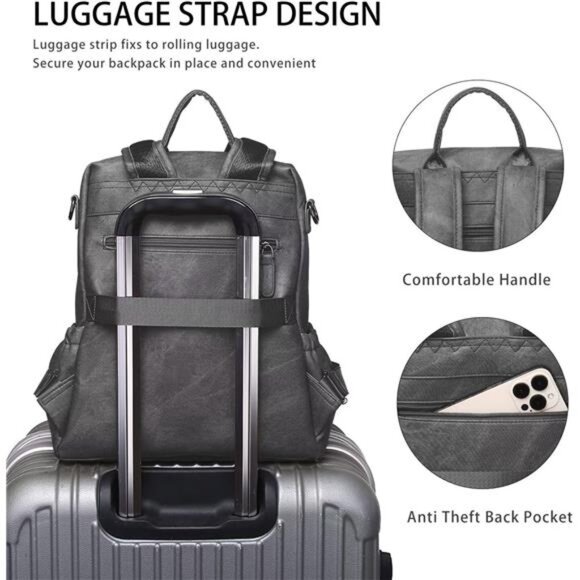 Women Backpack Purse Bag PU Leather Grey - Picture 3 of 7